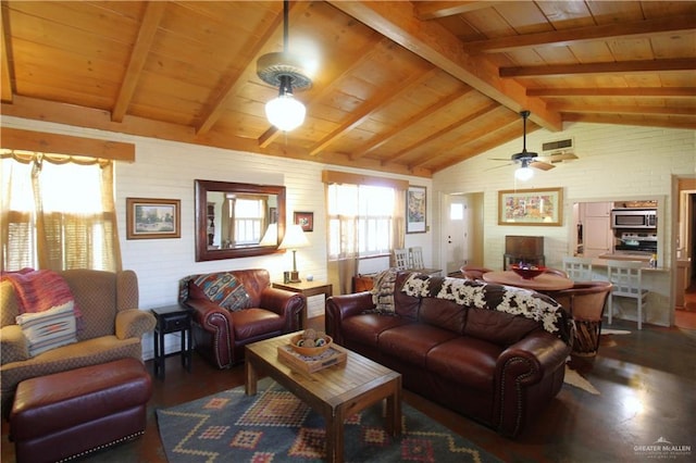 living area with visible vents, wooden ceiling, lofted ceiling with beams, and a ceiling fan