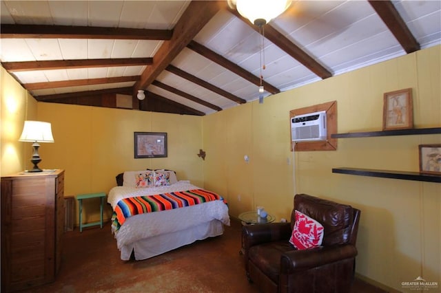 bedroom with vaulted ceiling with beams and a wall mounted AC