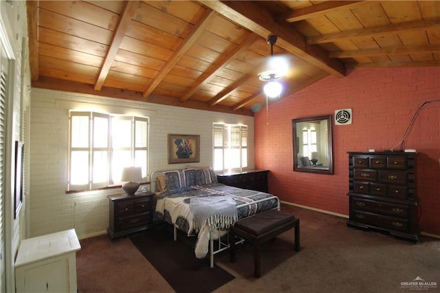 carpeted bedroom with lofted ceiling with beams, multiple windows, brick wall, and wooden ceiling