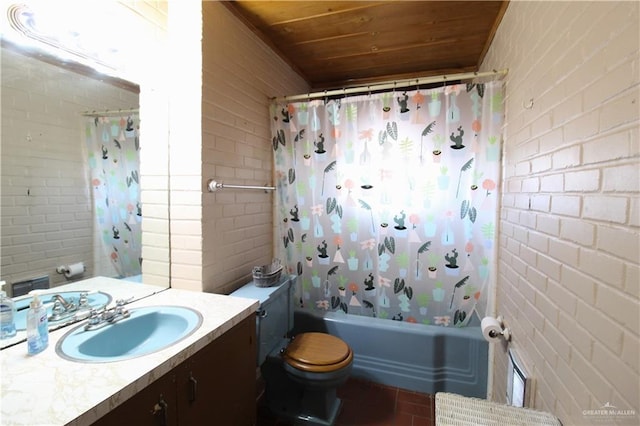 bathroom with toilet, brick wall, shower / tub combo, wood ceiling, and vanity