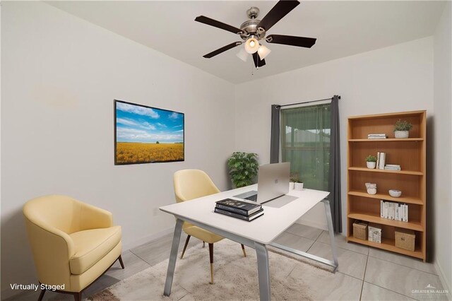 1041 Arroyo Cir, Mercedes, TX 78570 - office featuring ceiling fan, light tile patterned floors, and baseboards