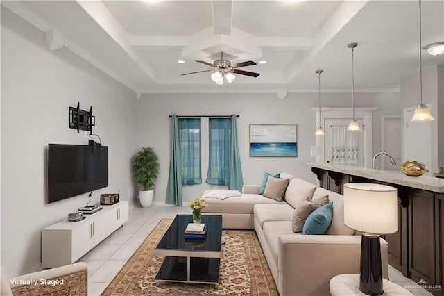 1041 Arroyo Cir, Mercedes, TX 78570 - living area featuring coffered ceiling, a ceiling fan, beamed ceiling, recessed lighting, and crown molding