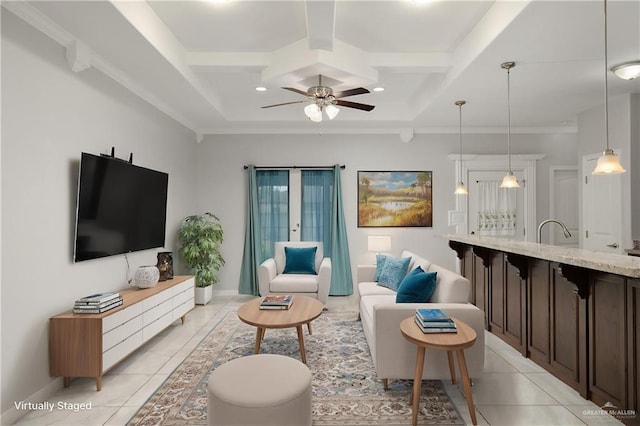 1041 Arroyo Cir, Mercedes, TX 78570 - living area with coffered ceiling, a ceiling fan, beamed ceiling, light tile patterned floors, and ornamental molding