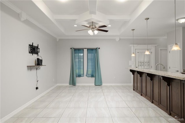 1041 Arroyo Cir, Mercedes, TX 78570 - unfurnished living room with coffered ceiling, a ceiling fan, beam ceiling, ornamental molding, and recessed lighting