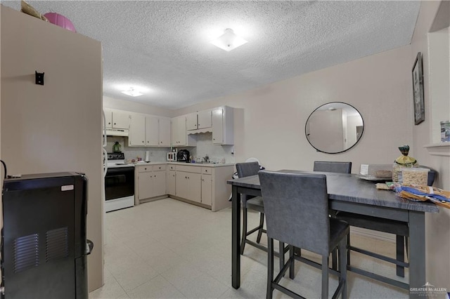 kitchen featuring white cabinets, electric stove, sink, a textured ceiling, and tasteful backsplash