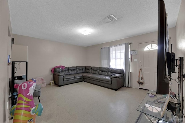 living room featuring a textured ceiling