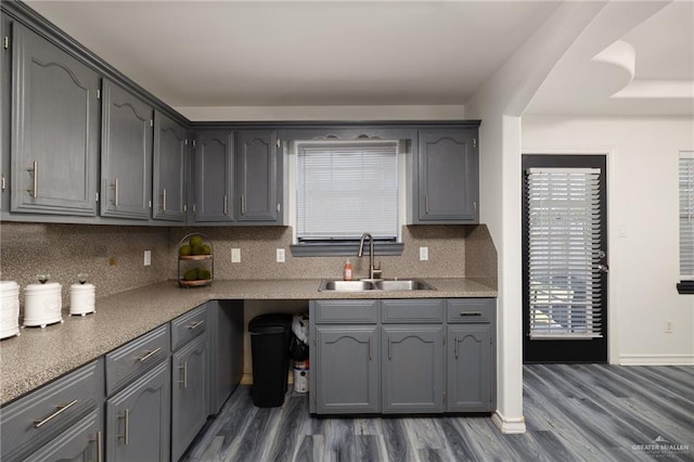 2715 Melanie Dr, Pharr, TX 78577 - kitchen with dark wood-style flooring, baseboards, gray cabinets, backsplash, and a sink