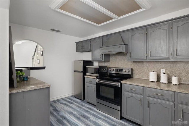 2715 Melanie Dr, Pharr, TX 78577 - kitchen featuring custom exhaust hood, gray cabinets, visible vents, and appliances with stainless steel finishes