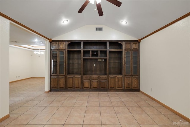 unfurnished living room with ornamental molding, ceiling fan with notable chandelier, lofted ceiling, and light tile patterned floors