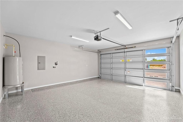 garage with electric panel, a garage door opener, and water heater