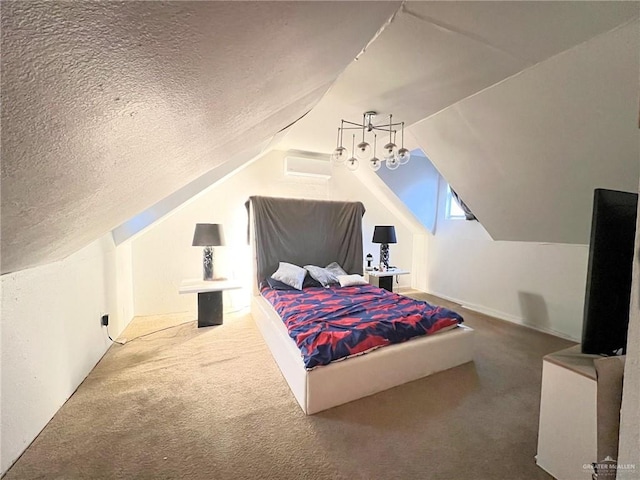 bedroom featuring carpet floors, lofted ceiling, and a textured ceiling