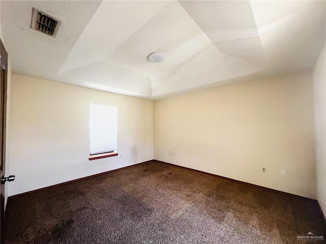 spare room with a tray ceiling, carpet, and a textured ceiling