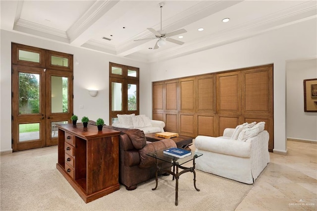 living room featuring beamed ceiling, ceiling fan, and french doors