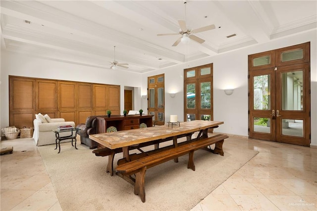 dining space with beamed ceiling, french doors, and ceiling fan