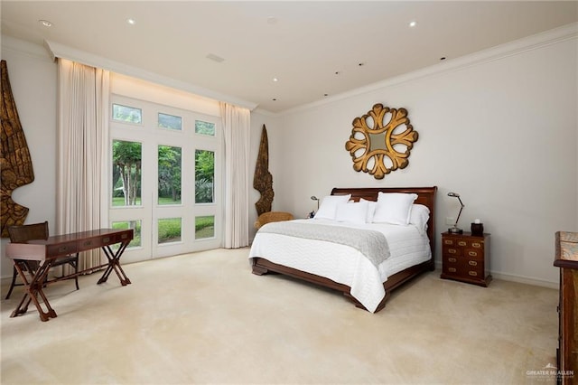 bedroom featuring light colored carpet and ornamental molding