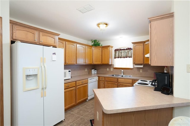 kitchen featuring tile patterned flooring, sink, white appliances, and kitchen peninsula