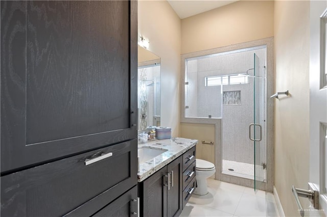 bathroom featuring tile patterned flooring, vanity, toilet, and walk in shower