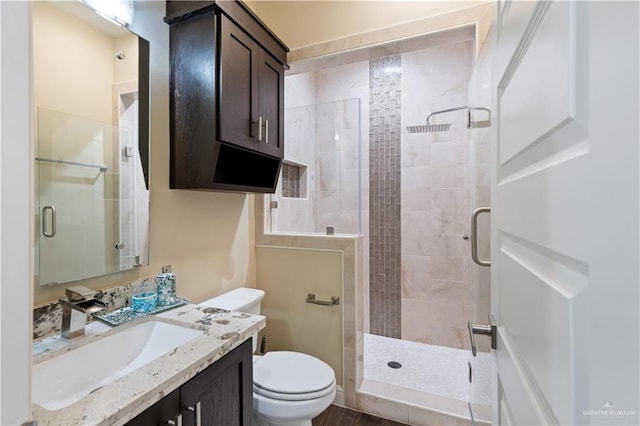 bathroom with vanity, an enclosed shower, and toilet