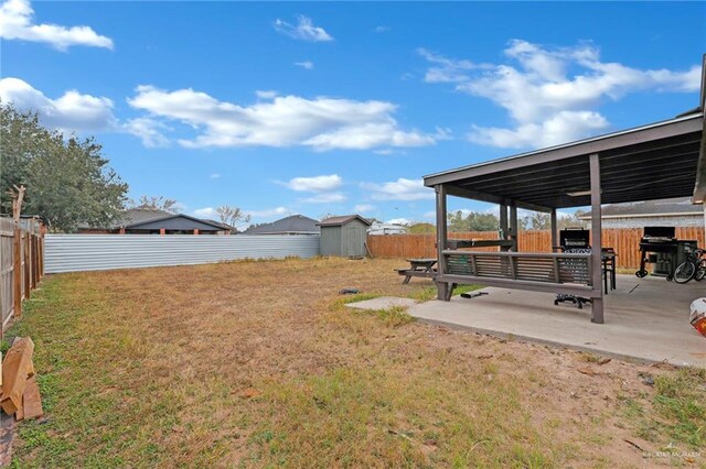 view of yard featuring a storage unit, a patio area, a fenced backyard, and an outdoor structure