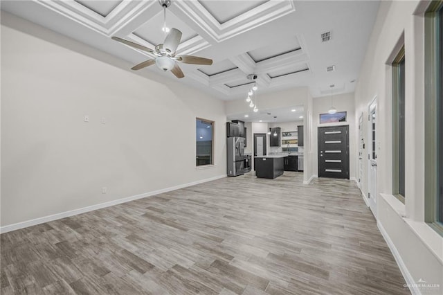 unfurnished living room with hardwood / wood-style flooring, ceiling fan, beam ceiling, and coffered ceiling