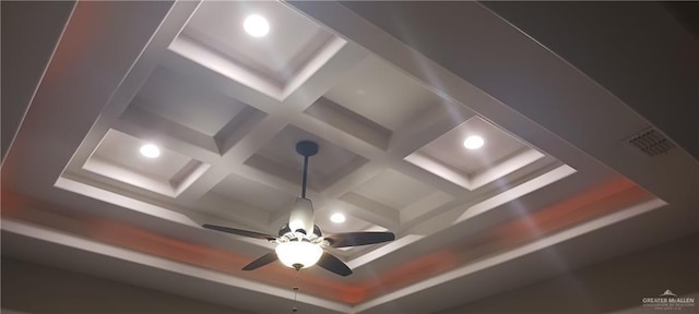 1805 Black Stone St, Edinburg, TX 78542 - detailed view of coffered ceiling, recessed lighting, a ceiling fan, and beam ceiling