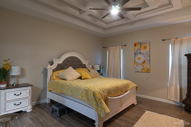 bedroom featuring ceiling fan, dark wood-type flooring, and coffered ceiling