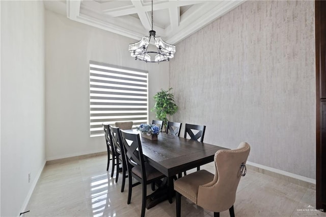 22303 Uresti Rd, Edinburg, TX 78542 - dining space featuring coffered ceiling, a chandelier, beamed ceiling, and crown molding