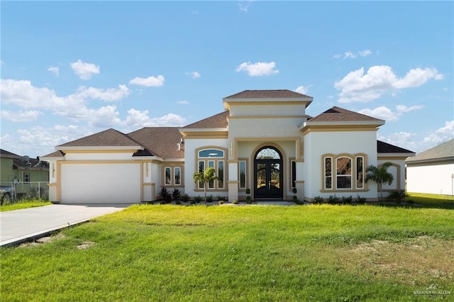 mediterranean / spanish home featuring a front lawn, a garage, and french doors