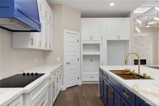 kitchen featuring dark hardwood / wood-style floors, sink, white cabinetry, and blue cabinetry