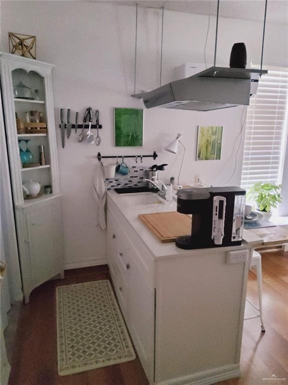 kitchen with sink, hardwood / wood-style flooring, and white cabinets