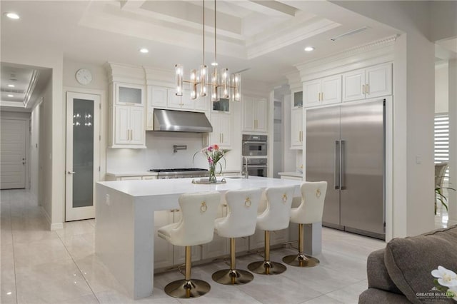 4552 Estancia Pkwy, Mcallen, TX 78504 - kitchen with stainless steel appliances, under cabinet range hood, a raised ceiling, light countertops, and recessed lighting