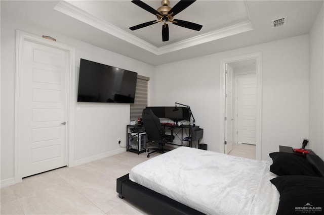 4552 Estancia Pkwy, Mcallen, TX 78504 - bedroom with a raised ceiling, crown molding, a ceiling fan, and an office area