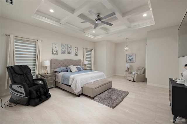 4552 Estancia Pkwy, Mcallen, TX 78504 - bedroom with coffered ceiling, beamed ceiling, recessed lighting, a ceiling fan, and a chandelier