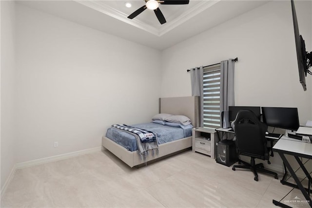 4552 Estancia Pkwy, Mcallen, TX 78504 - bedroom featuring ornamental molding, a raised ceiling, an office area, and a ceiling fan