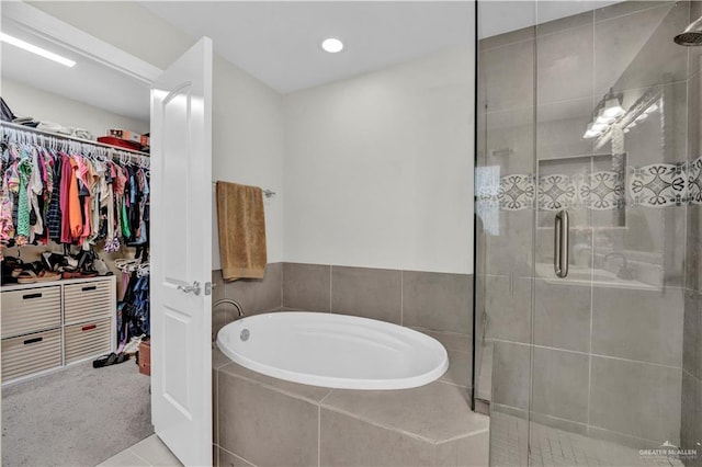 4816 Ensenada Ave, Mcallen, TX 78504 - full bathroom featuring a bath, a shower stall, a walk in closet, tile patterned flooring, and recessed lighting