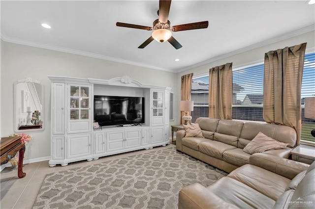 4816 Ensenada Ave, Mcallen, TX 78504 - living area with a ceiling fan, crown molding, light tile patterned flooring, and recessed lighting