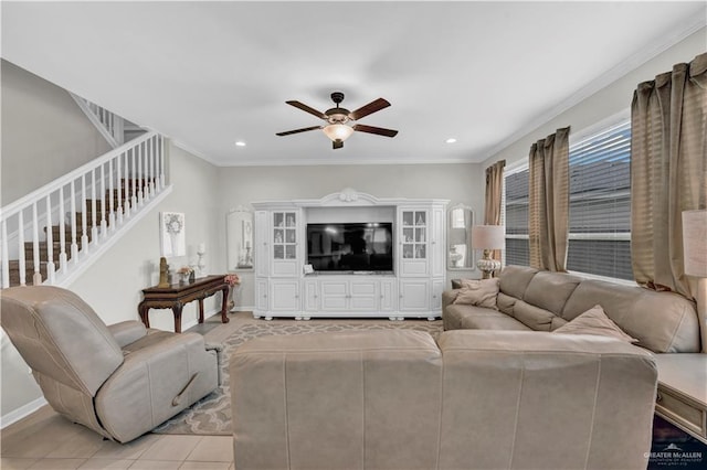 4816 Ensenada Ave, Mcallen, TX 78504 - living room with a ceiling fan, stairs, recessed lighting, ornamental molding, and light tile patterned flooring