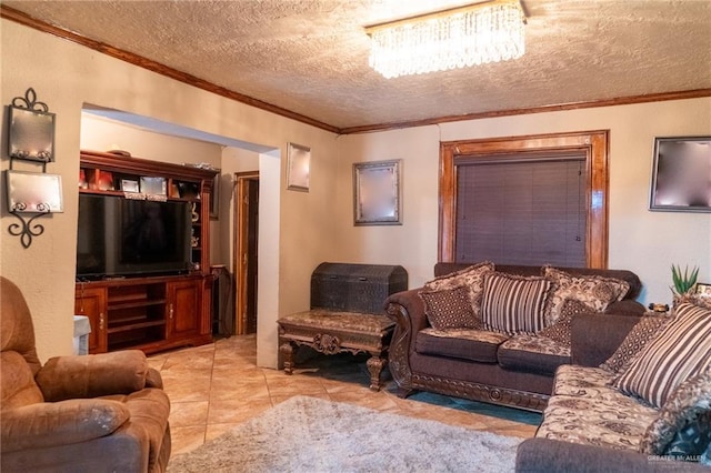 living room with crown molding, light tile patterned floors, and a textured ceiling