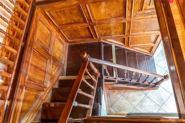 interior space with wooden ceiling and wooden walls