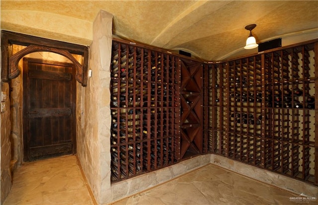 wine cellar featuring vaulted ceiling