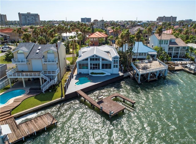 aerial view featuring a water view