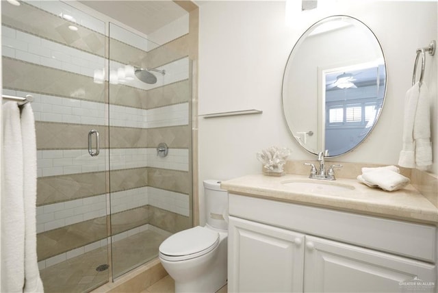 bathroom with tile patterned floors, vanity, toilet, and a shower with shower door