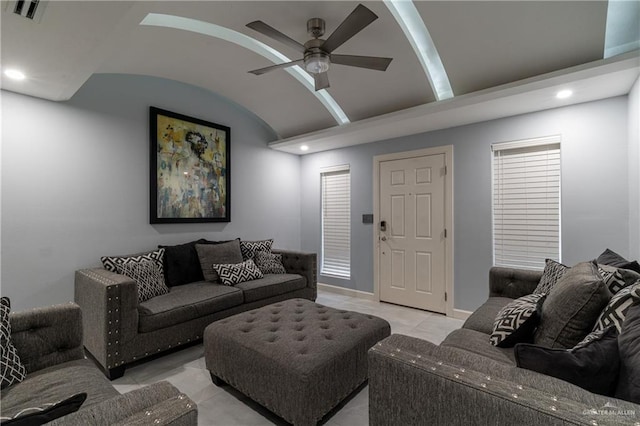 living room with ceiling fan