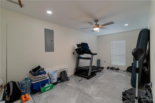 exercise room featuring ceiling fan and electric panel