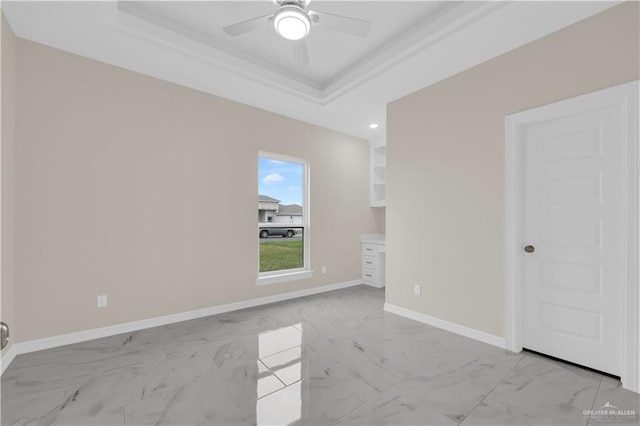 3007 S Livingston St, Edinburg, TX 78542 - empty room with light marble finish flooring, a ceiling fan, baseboards, recessed lighting, and a raised ceiling