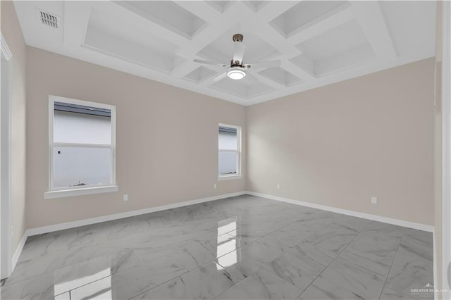 3007 S Livingston St, Edinburg, TX 78542 - spare room featuring marble finish flooring, coffered ceiling, baseboards, beam ceiling, and ceiling fan