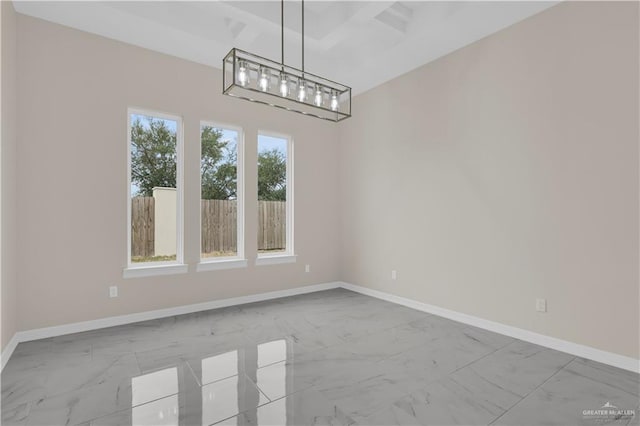 3007 S Livingston St, Edinburg, TX 78542 - spare room featuring marble look tiles, baseboards, beamed ceiling, a chandelier, and coffered ceiling