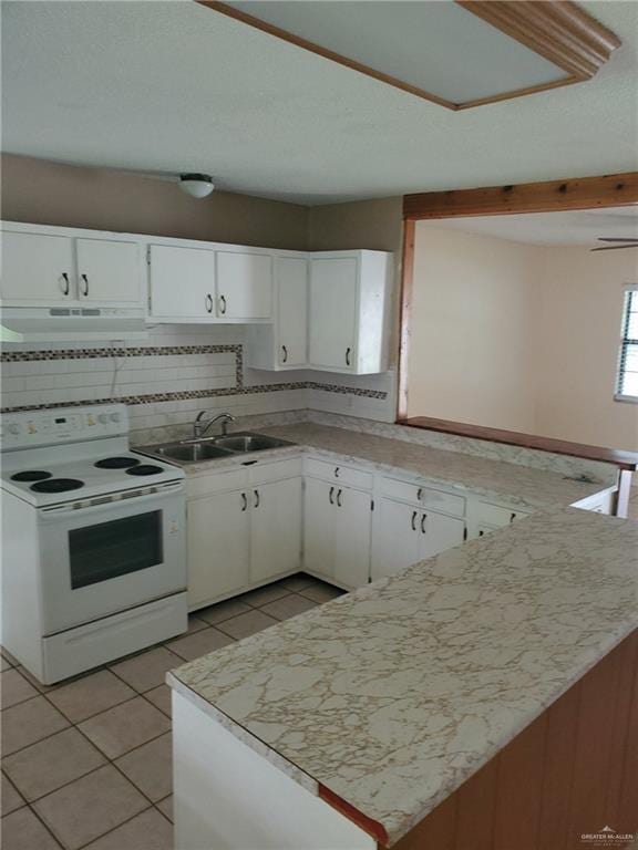 145 Draper Dr, Brownsville, TX 78521 - kitchen with white range with electric cooktop, under cabinet range hood, a peninsula, light tile patterned floors, and backsplash