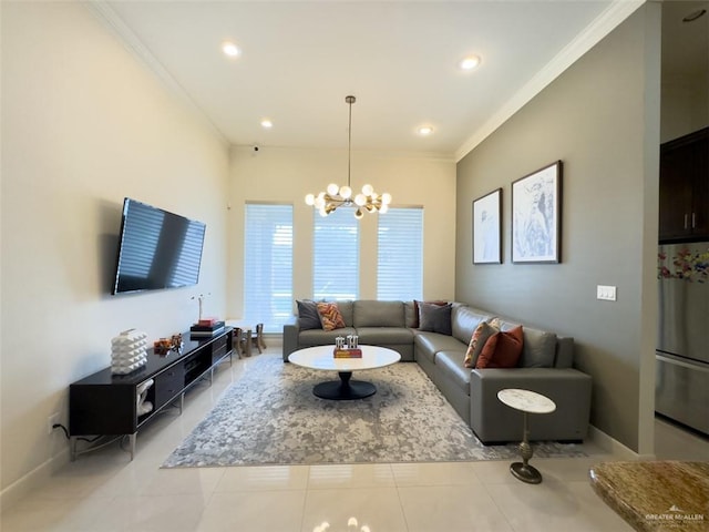 tiled living room featuring an inviting chandelier and ornamental molding