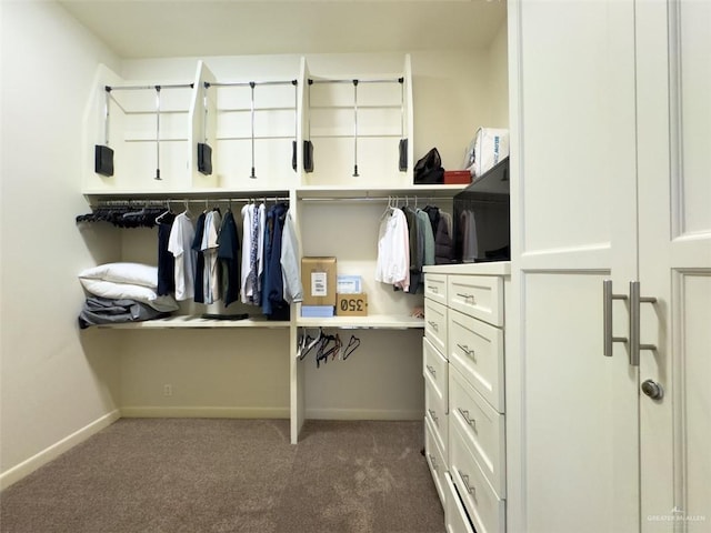 spacious closet featuring dark carpet